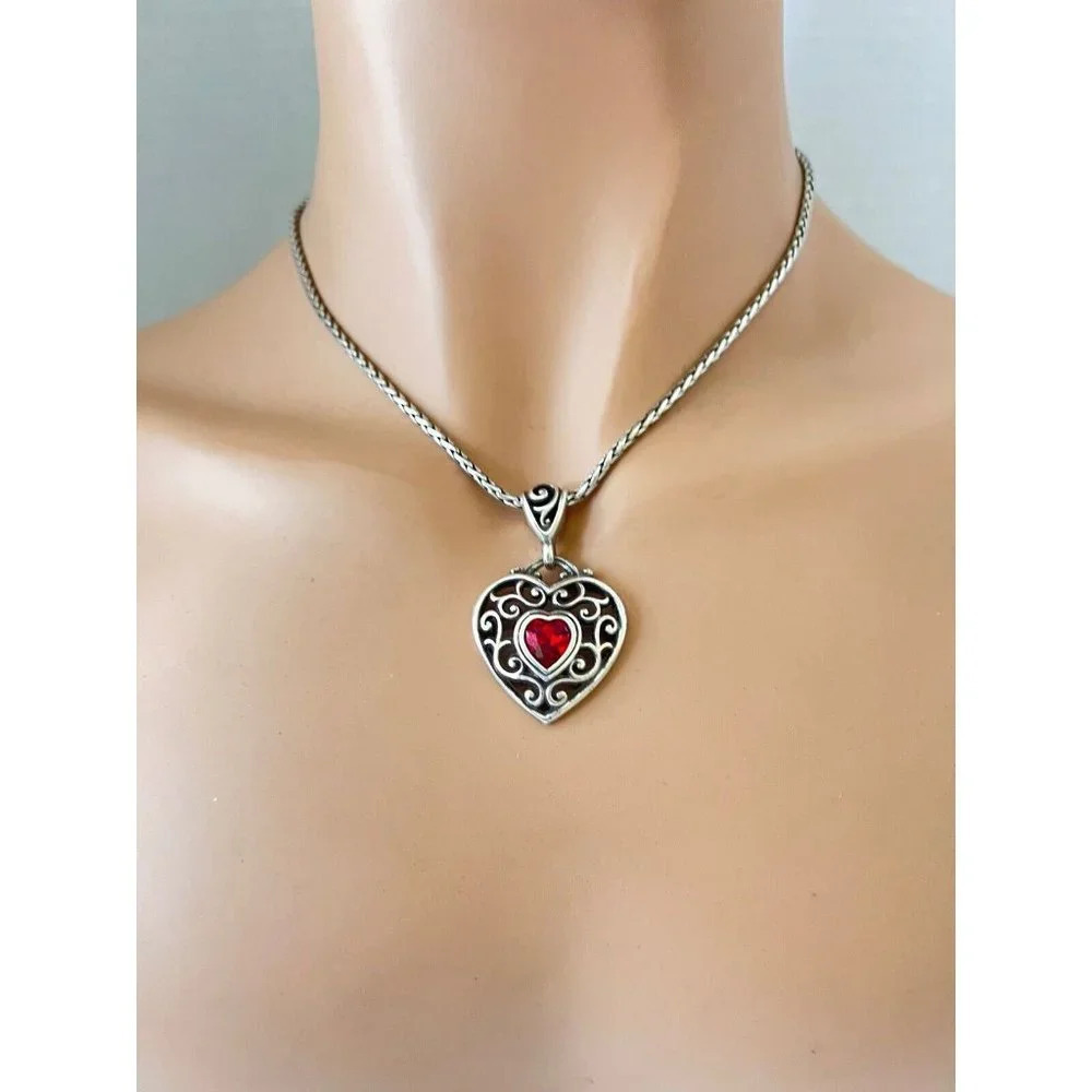 BRIGHTON True Heart RED Crystal Heart Necklace Silver Plated “Love You”